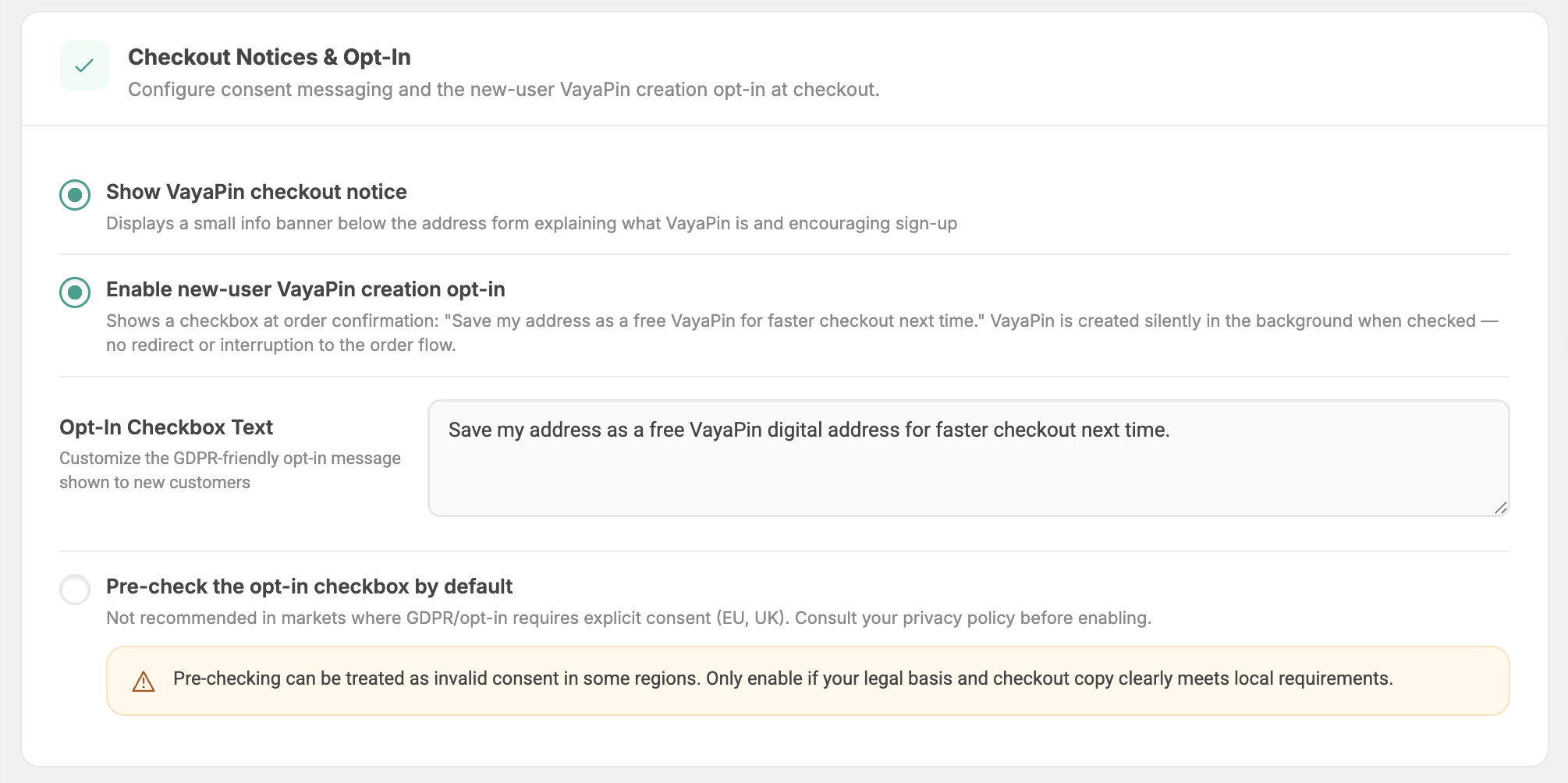 Checkout — opt-in section with warning