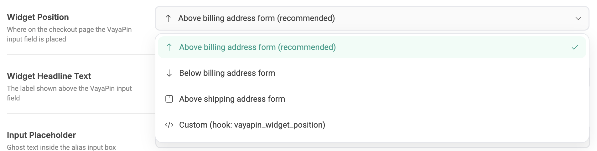Checkout — widget position dropdown