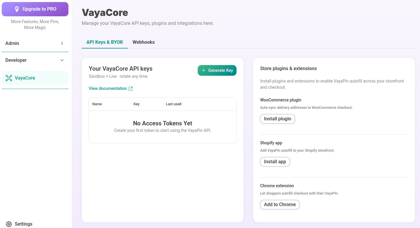 VayaPin dashboard — VayaCore → API Keys & BYOK