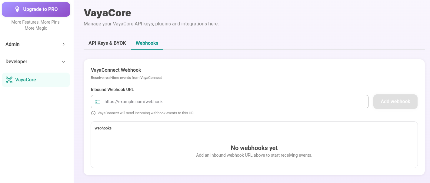 VayaPin dashboard — VayaCore → Webhooks
