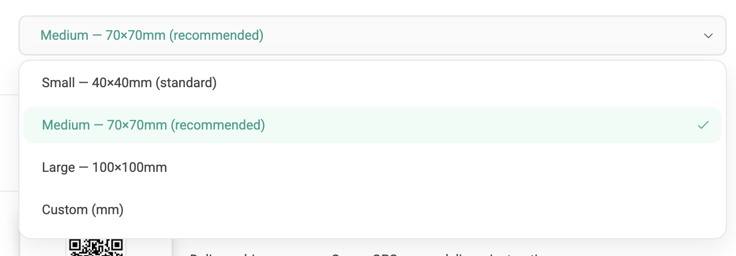 Delivery — size presets and custom inputs