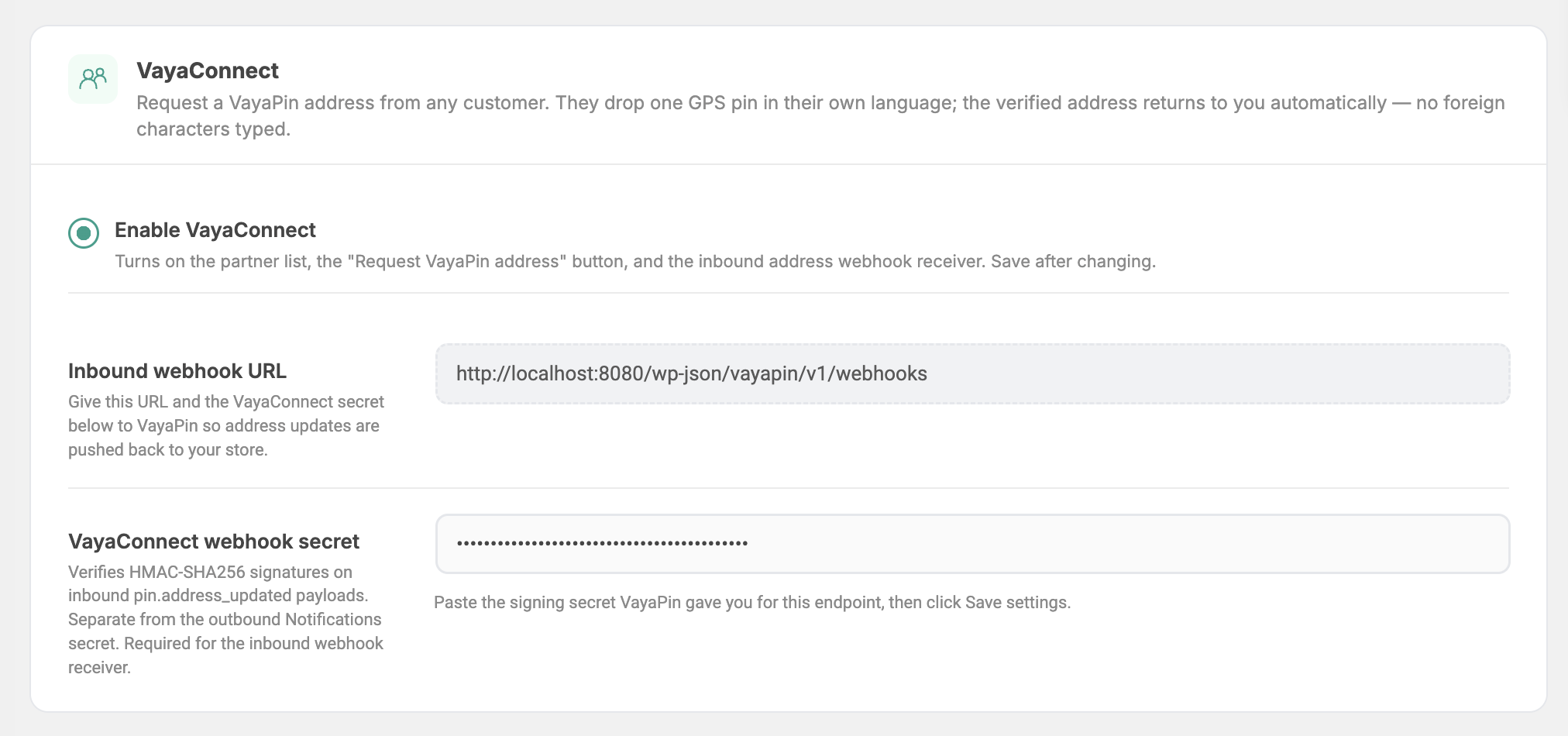 Partners tab — VayaConnect settings